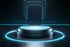 Futuristic illuminated pedestal podium mockup for product presentation generative by ai photo