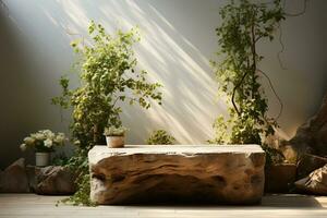 Natural wooden podium for product display in front of the forest generative by ai photo