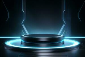 Futuristic illuminated pedestal podium mockup for product presentation generative by ai photo