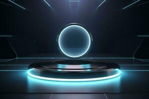 Futuristic illuminated pedestal podium mockup for product presentation generative by ai photo