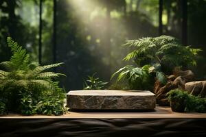 Natural rock stone podium for product display in front of the forest generative by ai photo