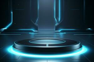 Futuristic illuminated pedestal podium mockup for product presentation generative by ai photo