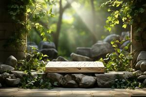 Natural wooden podium for product display in front of the forest generative by ai photo