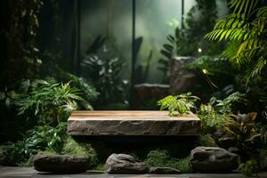 Marble stone podium for product display in front of the forest generative by ai photo