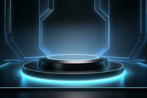 Futuristic illuminated pedestal podium mockup for product presentation generative by ai photo