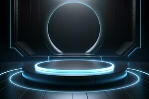 Futuristic illuminated pedestal podium mockup for product presentation generative by ai photo