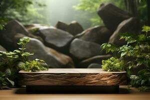 Natural wooden podium for product display in front of the forest generative by ai photo