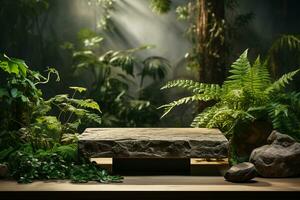 Natural rock stone podium for product display in front of the forest generative by ai photo