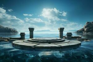 ancient style podium in water for product presentation generative by ai photo