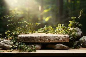 Natural rock stone podium for product display in front of the forest generative by ai photo