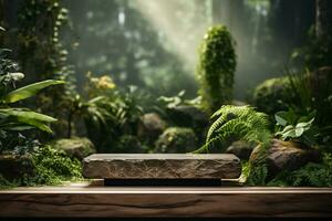Marble stone podium for product display in front of the forest generative by ai photo