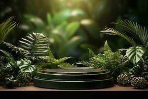 Podium mockup around with plants for product display generative by ai photo