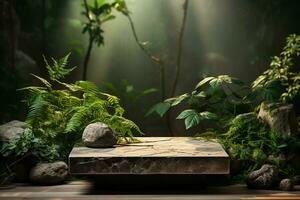 Natural rock stone podium for product display in front of the forest generative by ai photo