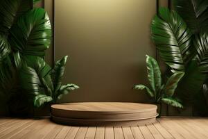 Wood pedestal podium with leaf in background for product presentation generative by ai photo