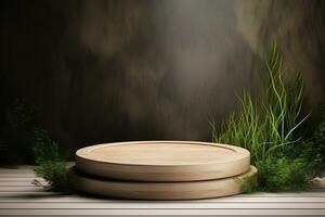 Round wood podium with grass and plants in the background for product display generative by ai photo
