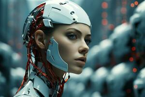 artificial girl wearing a futuristic suit standing in front of robots generative by ai photo