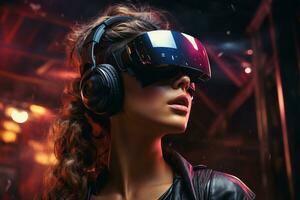 Woman Wearing a virtual reality headset in sci-fi urbanity generative by ai photo