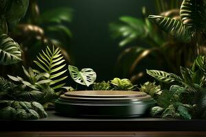 Podium mockup around with plants for product display generative by ai photo