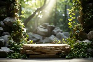 Natural wooden podium for product display in front of the forest generative by ai photo