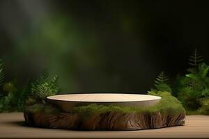 Round wood podium with grass and plants in the background for product display generative by ai photo