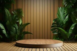 Wood pedestal podium with leaf in background for product presentation generative by ai photo