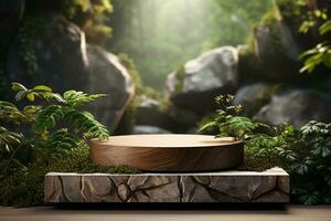 Natural wooden podium for product display in front of the forest generative by ai photo