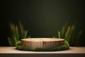 Round wood podium with grass and plants in the background for product display generative by ai photo