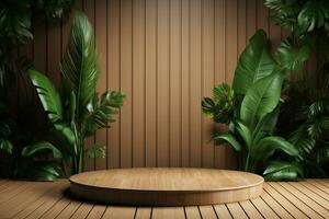 Wood pedestal podium with leaf in background for product presentation generative by ai photo