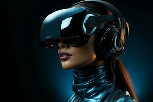 a young woman wearing a virtual reality headset generative by ai photo