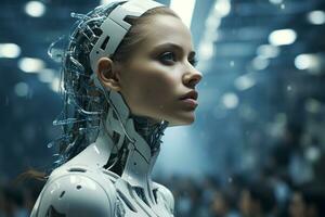 artificial girl wearing a futuristic suit standing in front of robots generative by ai photo