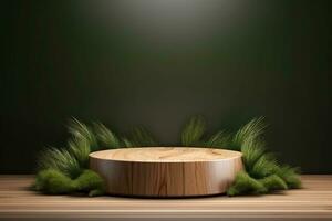 Round wood podium with grass and plants in the background for product display generative by ai photo