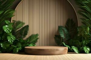 Wood pedestal podium with leaf in background for product presentation generative by ai photo