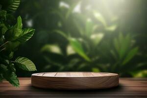 Wood pedestal podium with leaf in background for product presentation generative by ai photo