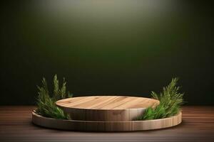 Round wood podium with grass and plants in the background for product display generative by ai photo