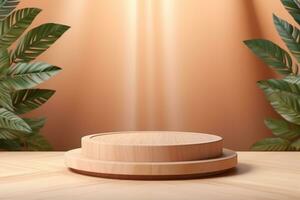 Wood pedestal podium with leaf in background for product presentation generative by ai photo