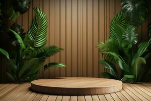 Wood pedestal podium with leaf in background for product presentation generative by ai photo
