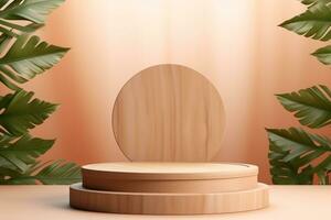 Wood pedestal podium with leaf in background for product presentation generative by ai photo