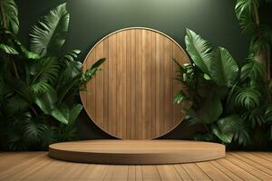 Wood pedestal podium with leaf in background for product presentation generative by ai photo