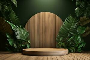 Wood pedestal podium with leaf in background for product presentation generative by ai photo