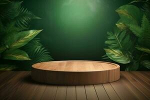 Wood pedestal podium with leaf in background for product presentation generative by ai photo