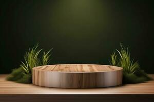 Round wood podium with grass and plants in the background for product display generative by ai photo