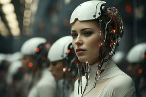 artificial girl wearing a futuristic suit standing in front of robots generative by ai photo