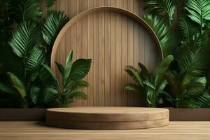 Wood pedestal podium with leaf in background for product presentation generative by ai photo