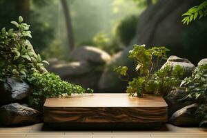 Natural wooden podium for product display in front of the forest generative by ai photo