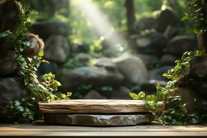 Natural wooden podium for product display in front of the forest generative by ai photo