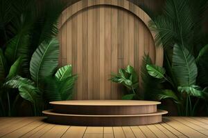 Wood pedestal podium with leaf in background for product presentation generative by ai photo