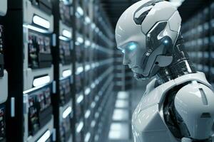 White robot standing Infront of data server racks generative by ai photo
