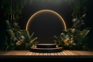 Round modern podium with plants and light in the background for product presentation generative by ai photo