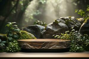 Natural wooden podium for product display in front of the forest generative by ai photo