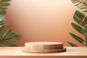 Wood pedestal podium with leaf in background for product presentation generative by ai photo